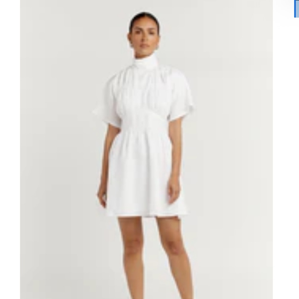 DISSH TINA WHITE LINEN HIGH NECK DRESS